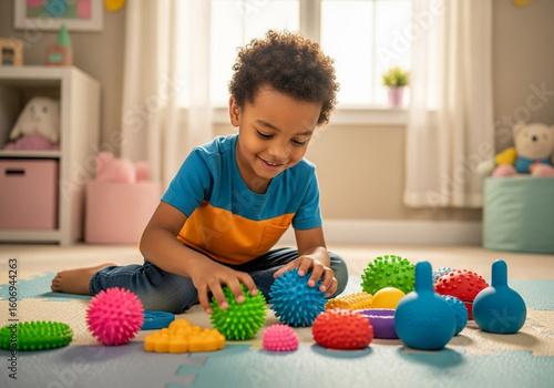 Neurodivergent Child Playing with Colorful Sensory Toys at Home