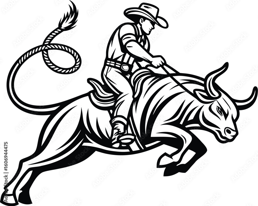 Obraz premium Rodeo Cowboy Riding Bull – Vintage Western Vector Illustration