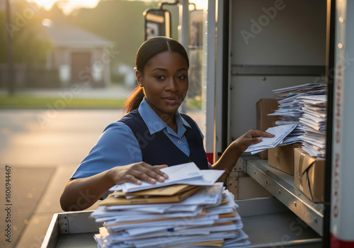 A professional Black female mail carrier in her uniform stands at the back of her delivery truck, diligently sorting stacks of letters and envelopes for her route in a suburban neighborhood. 