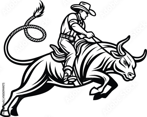 Rodeo Cowboy Riding Bull – Vintage Western Vector Illustration