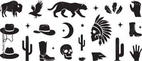 Bison eagle panther cowboy hats cactus moon skull native american headdress boots vector