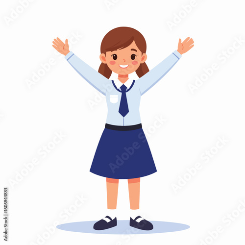 A cheerful schoolgirl in uniform stands with arms outstretched, smiling happily.