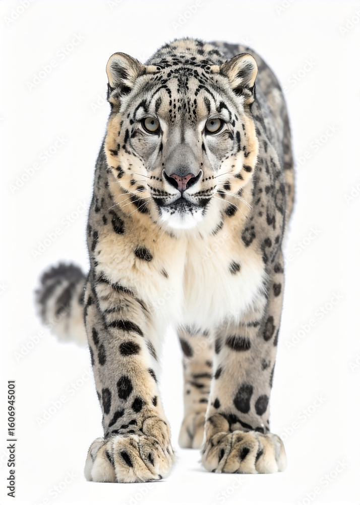 Obraz premium A snow leopard with a striking coat walks forward, its piercing eyes focused directly ahead against a bright, clean background.
