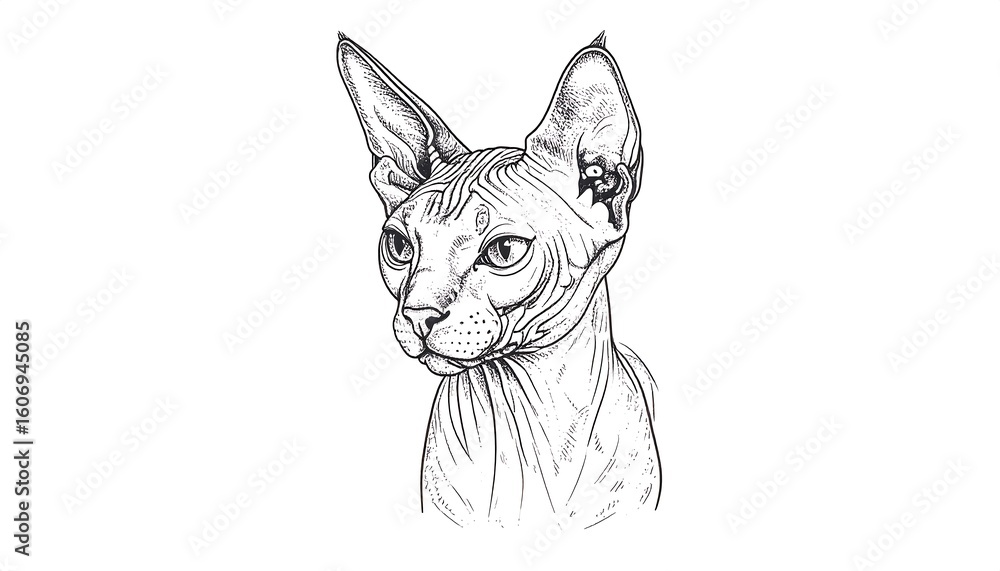Obraz premium Detailed black and white drawing of a Sphynx cat's head (1)