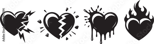 Broken dripping flaming hearts cracked shattered