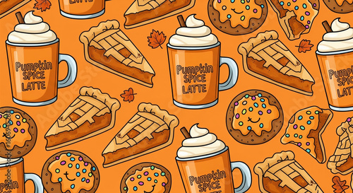 A warm and cozy seamless pattern illustration with an autumn cafe theme, featuring mugs of pumpkin spice latte, slices of pie, and frosted cookies on an orange background.

