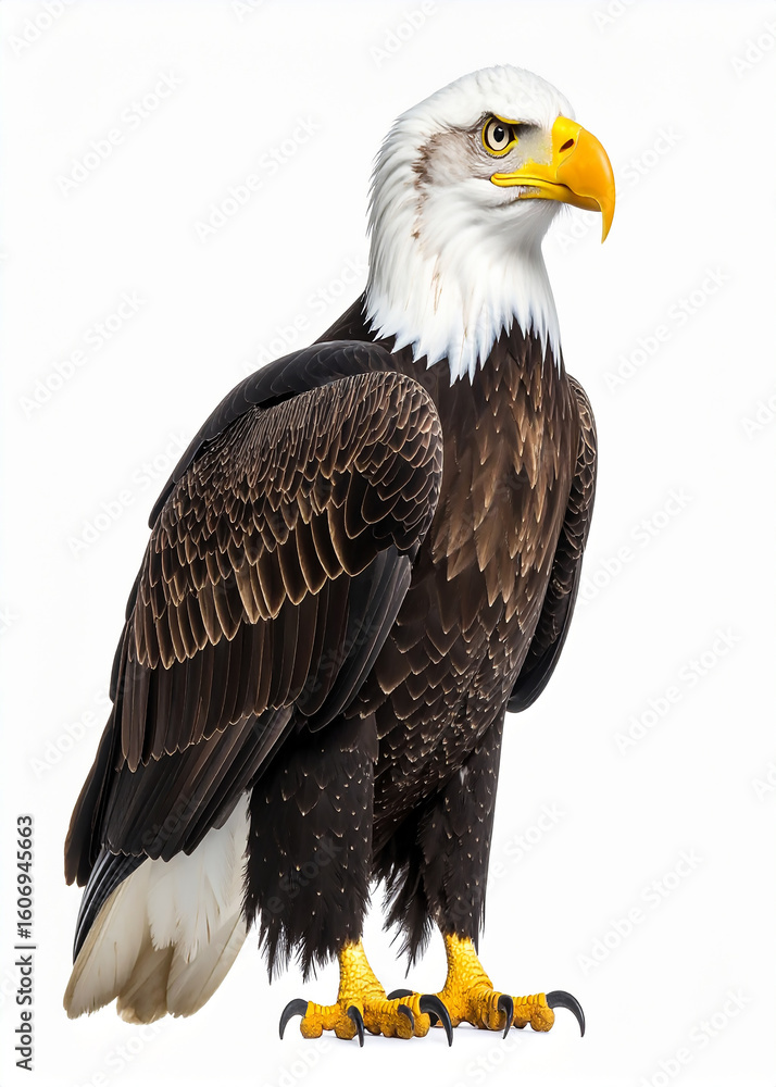 Obraz premium Majestic bald eagle standing, profile view, against a white background, showcasing its powerful physique and striking plumage.