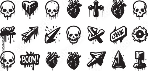 Dripping skulls hearts arrows graffiti symbols cross boom
