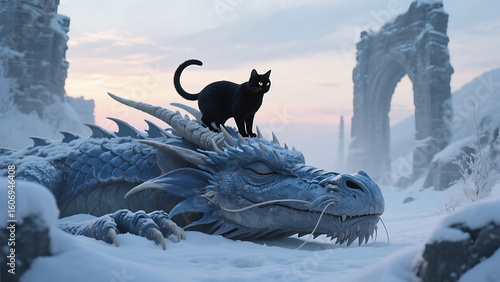 Black cat sitting on a sleeping blue dragon in a snowy fantasy landscape, magical winter scene with ancient ruins in background