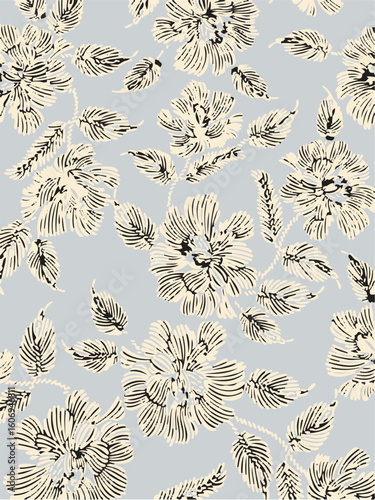 floral seamless pattern ink drawing. Black hand drawn flowers and leaves with dotted texture. Vector hawaii repeat background, wallpaper, print. Modern illustration.