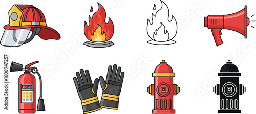 Firefighter equipment fire extinguisher hydrant helmet gloves megaphone safety gear