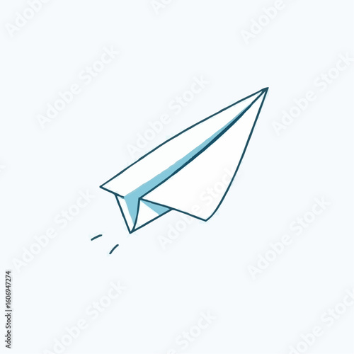 Blue paper airplane flying in minimalist style on light background  