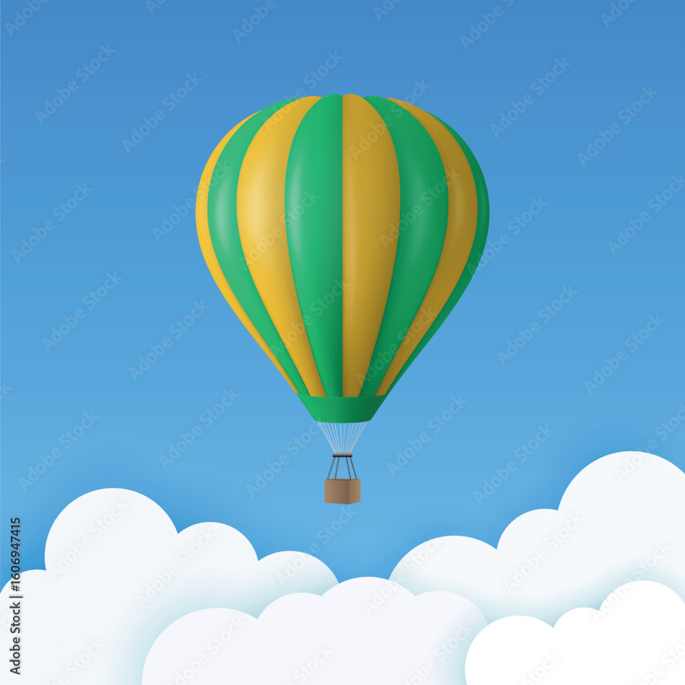 Obraz premium Vector Travel Banner with 3d Realistic Hot Air Balloon Icon on a Blue Sky Background. Design Template, Summer Vacation, Travelling, Tourism and Journey Concept