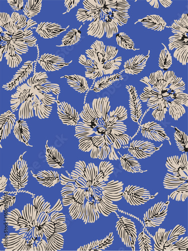 floral seamless pattern ink drawing. Black hand drawn flowers and leaves with dotted texture. Vector hawaii repeat background, wallpaper, print. Modern illustration.