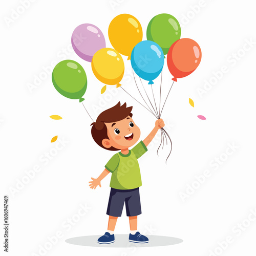 A cheerful young boy holding a bunch of colorful balloons, smiling happily.