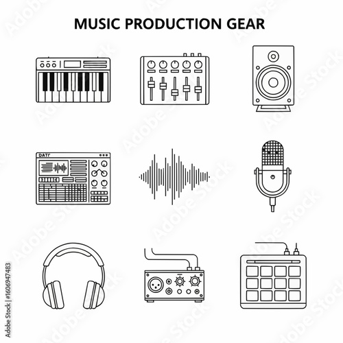 Music Production Equipment Icons Featuring Instruments and Devices in Vector Style