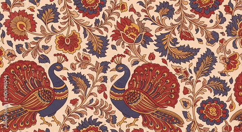 Traditional Indian Kalamkari folk art pattern with peacocks and floral motifs.
