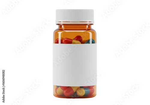 Foto Isolated Pill Bottle with Blank Label and Colorful Capsules