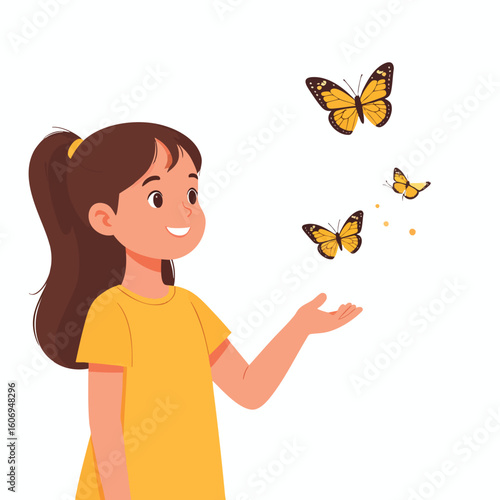 A young girl with a joyful expression, watching butterflies flutter around her outstretched hand.
