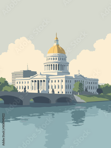 Trenton, NJ – New Jersey State House dome and Delaware River in dome gold, river blue, capitol white, and sky gray