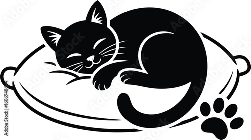  Peaceful Sleeping Black Cat on a Pillow with Paw Print Vector Illustration