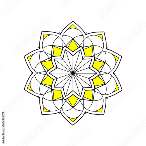abstract mandala with sharp black outline and yellow solid inner parts, minimal design on white