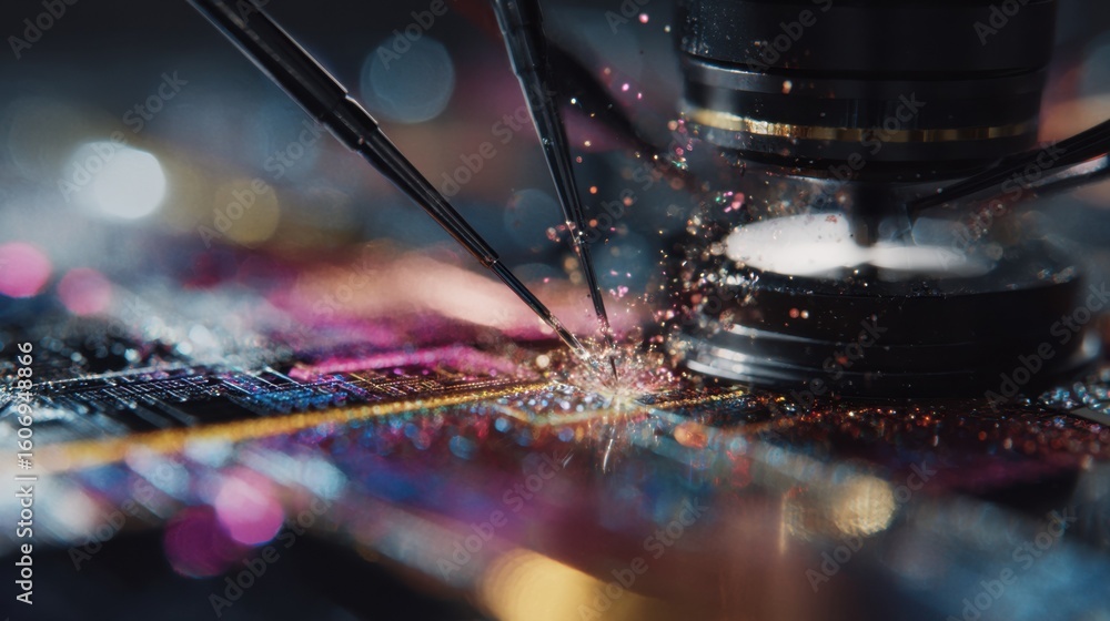 custom made wallpaper toronto digitalMicroscopic robotic arms delicately apply sparkling nanomaterials onto a faulty oled microchip, showcasing the intricate process of advanced electronics repair