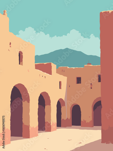 Santa Fe, NM – Plaza archways and adobe rooftops in adobe tan, portal red, sky turquoise, and mountain blue