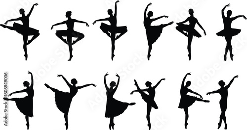 Ballet Silhouettes – Black Vector Icons of Ballerinas in Various Dance Poses for Performing Arts, Dance, and Theater Design