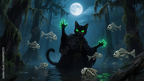 Black cat wizard casting magic spell in swampy forest at night with glowing green hands, surrounded by skeleton fish under full moon