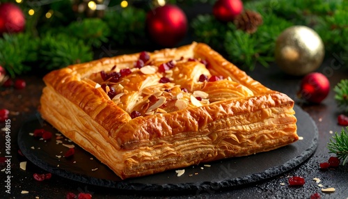 Festive square pastry with cranberries and almonds