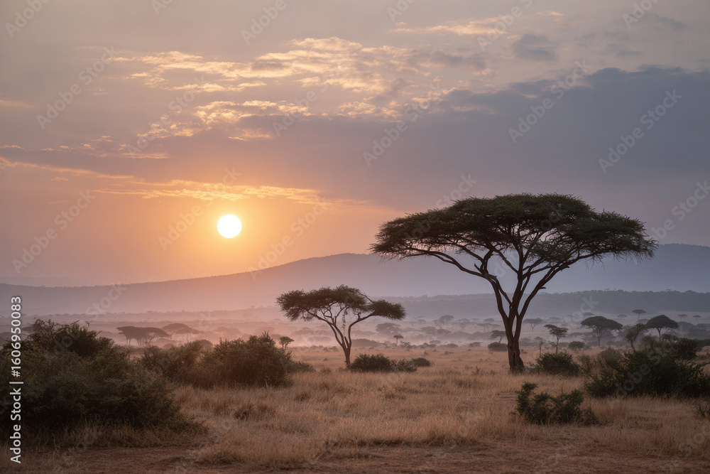 Obraz premium breathtaking view of savanna plain in botswana during golden hour light showcasing stunning natural symmetry of