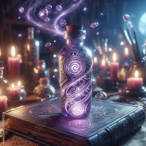 A mystical purple glass vial with silver runes, swirling with glittering liquid. It floats above an ancient spellbook in a fantasy alchemist’s workshop, candlelit ambiance