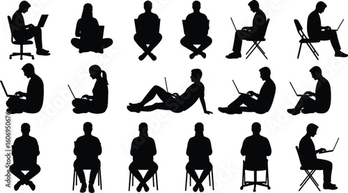 Silhouettes of people working on laptops – seated and relaxed postures, black vector icons for design, remote work, or presentations