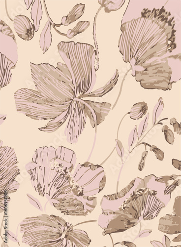 Purple and orange flowers on a white background, light colors, soft. watercolor flower seamless pattern. Watercolor print in rustic vintage style, textile or wallpaper.