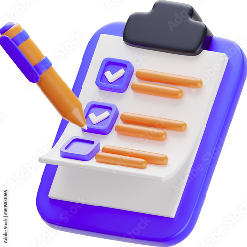 Vibrant 3D illustration of a task list on a clipboard. A pen marks a completed item, symbolizing productivity and organization.