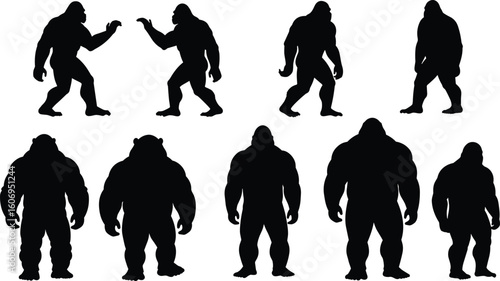 Bigfoot and gorilla silhouette set – muscular humanoid ape figures in standing poses, mythological creature clipart for cryptid or fantasy designs