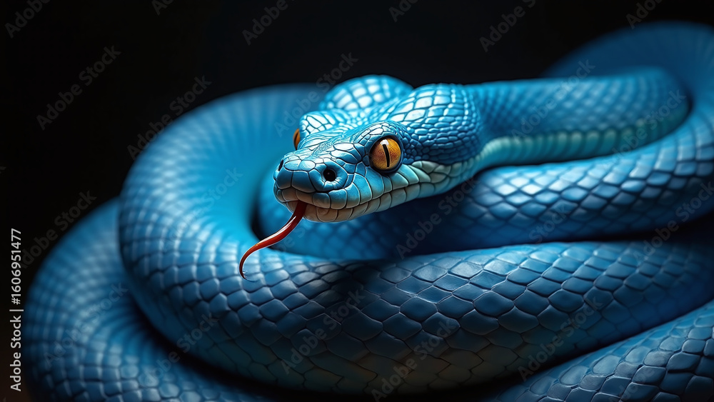 Obraz premium Vivid blue snake with striking orange eyes.