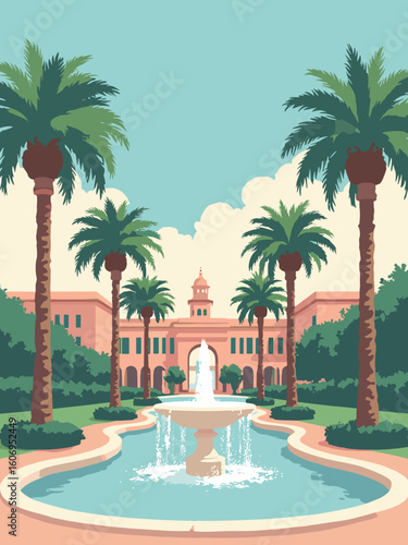 Boca Raton, FL – Mizner Park palms and fountains in fountain white, palm green, stucco peach, and twilight coral