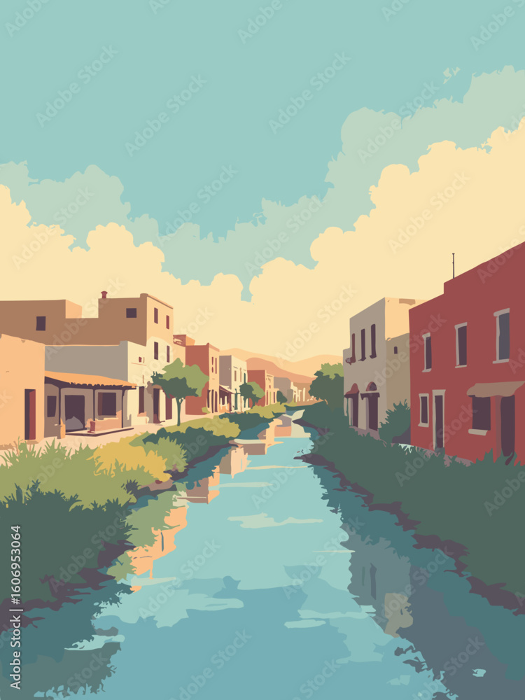 Fototapeta premium San Angelo, TX – Concho River bends and historic murals in river blue, mural red, adobe beige, and sunset gold