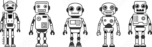 Cute retro robot illustrations – vintage-style cartoon droid characters with mechanical features, perfect for tech, sci-fi, or kids’ designs