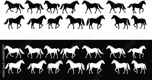 Horse walk cycle silhouette animation – vector frames showing trotting horse motion, ideal for storyboard, animation, and motion study projects