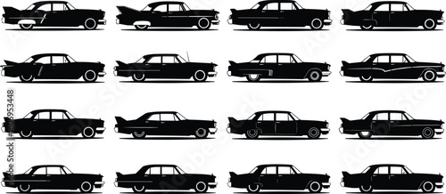 Vintage classic car silhouettes – retro automobile side views from the 1950s and 1960s, perfect for nostalgic or automotive designs