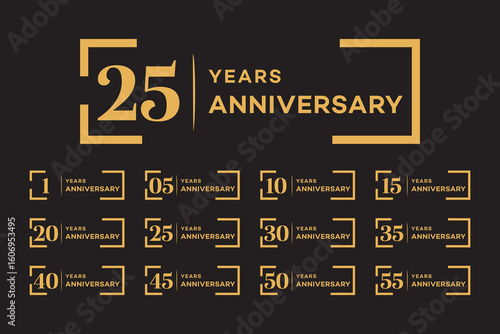 25th Anniversary Logos 1, 5, 10, 15, 20, 25, 30, 35, 40, 45, 50, 55 Years –  Modern Vector Set for Branding