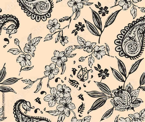 Purple and orange flowers on a white background, light colors, soft. watercolor flower seamless pattern. Watercolor print in rustic vintage style, textile or wallpaper.