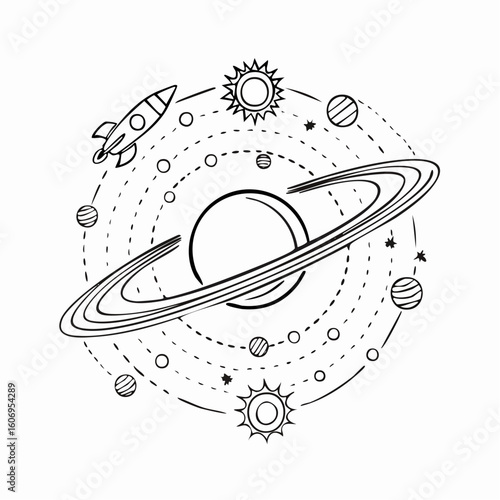 Explore the cosmos with this playful rocket and planet silhouette, perfect for educational and imaginative projects.