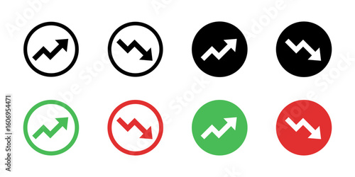 Trend icon. Zigzag arrow in circle vector illustration. Market chart symbol with upward or downward direction sign. Finance data UI sign. Business growth pictogram.