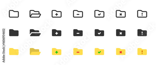 Folder icon set. File folder with add, remove, error or check badge vector illustration. Document management UI symbol. Folder alert or status control sign. Minimal clean pictogram.