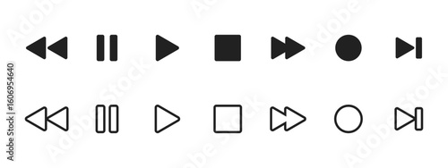 Play icon set. Media player controls with play, pause, stop, record, rewind and forward vector illustration. Universal video and music navigation symbol. Interface playback UI sign. Control pictogram.