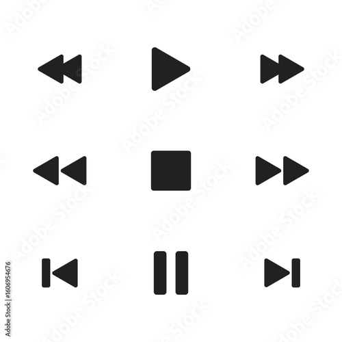 Play icon. Media control buttons including play, pause, stop, rewind and forward vector illustration. Universal music or video navigation symbol. Interface playback control sign. Minimal UI pictogram.